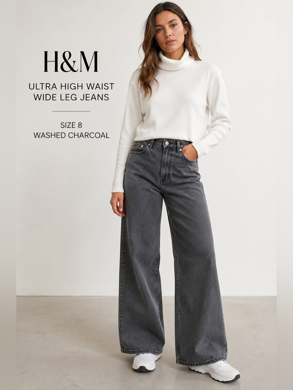 H&M Ultra High Waist Wide Leg Gray Denim Jeans Women’s 8 Charcoal